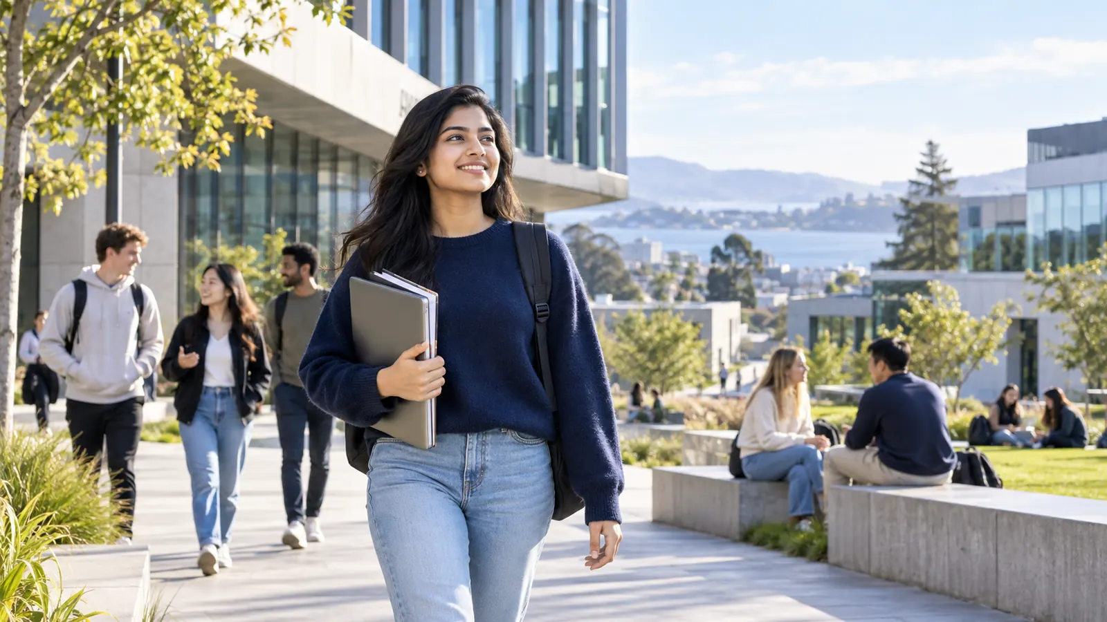Bangladeshi international student walking through a university campus